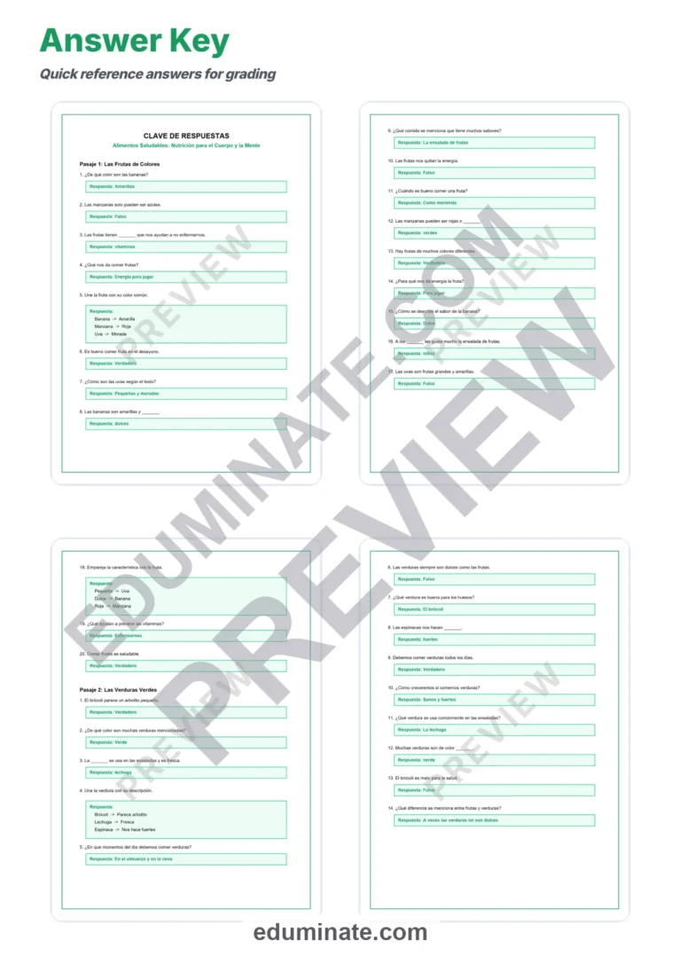 Spanish Healthy Food Reading Passages – Questions and Answer Key Grades 2-6 sample page 5