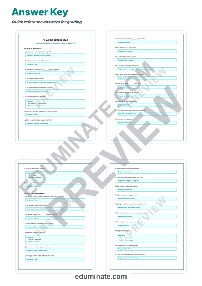 Spanish Ocean Animals Reading Passages – Questions and Answer Key Grades 1-4 sample page 5
