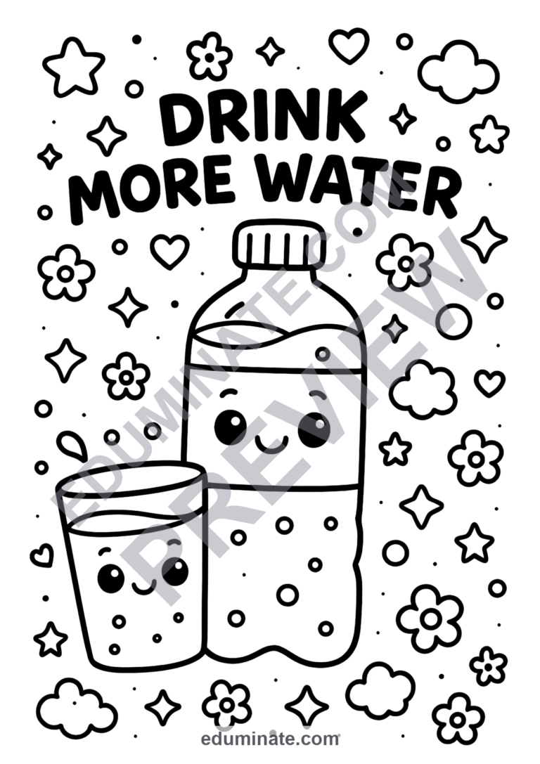 Water Coloring Pages | Healthy Drinking Habits Art Activity Sheets for Kids sample page 5