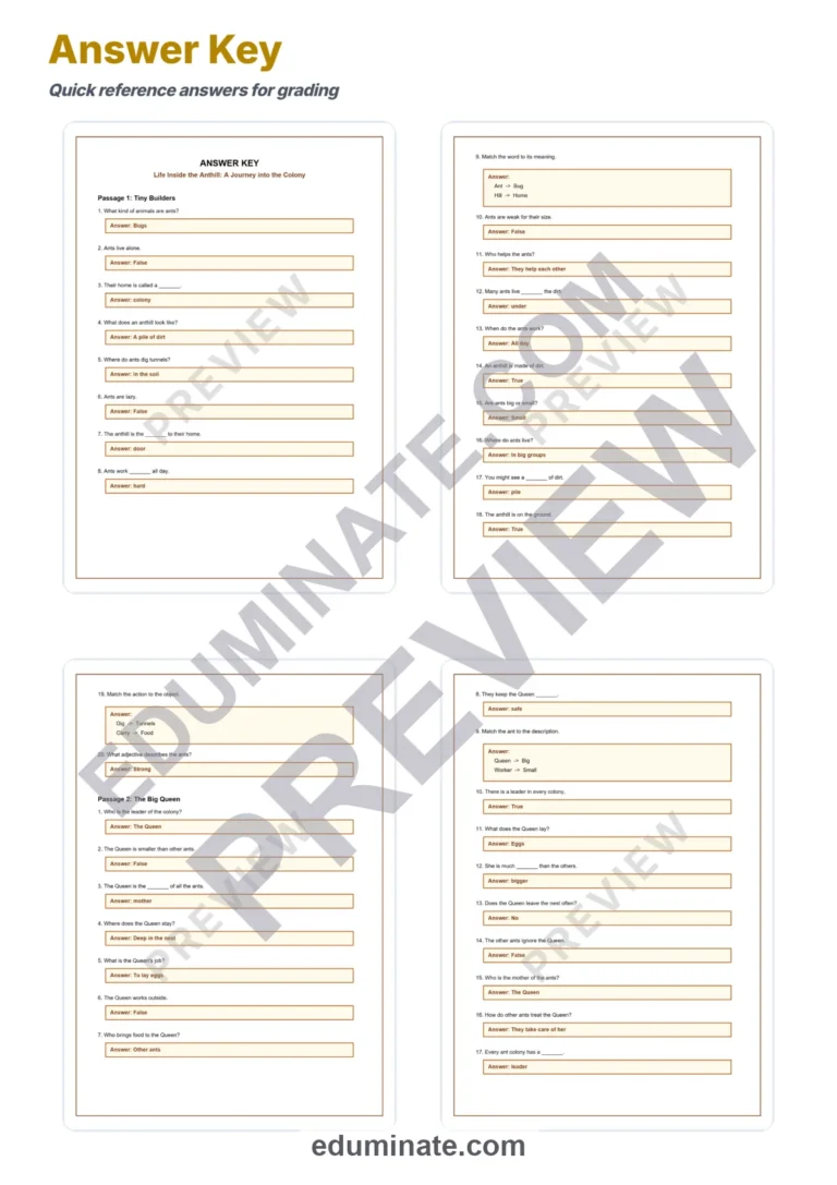 Anthill Colonies Reading Comprehension Passages and Worksheets Grades 1-5 sample page 5