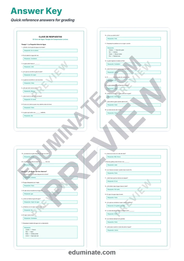 Spanish Water Cycle Reading Passages – Questions and Answer Key Grades 2-6 sample page 5