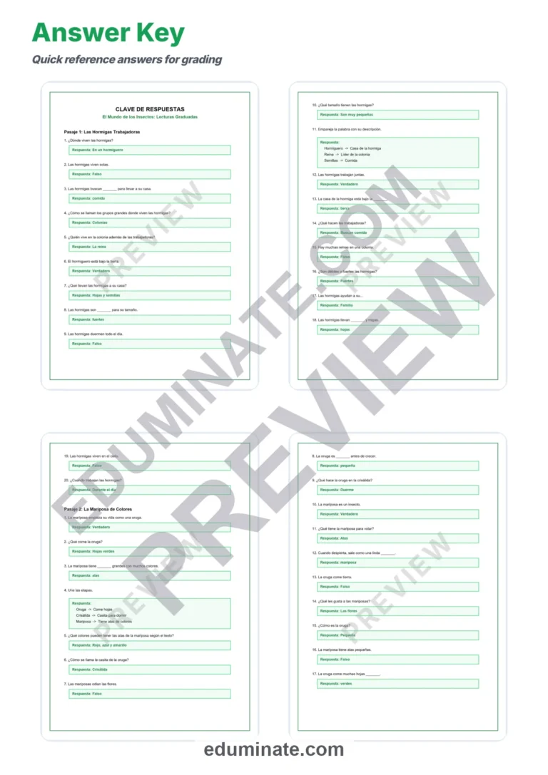 Spanish Insects Reading Passages – Printable Pages with Questions Grades 2-6 sample page 5