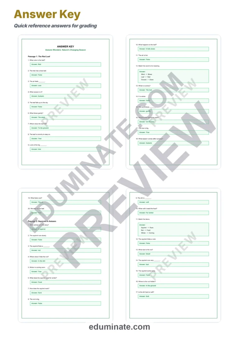 Autumn Nature Reading Comprehension Passages Worksheets Grades 1-5 Printables sample page 5