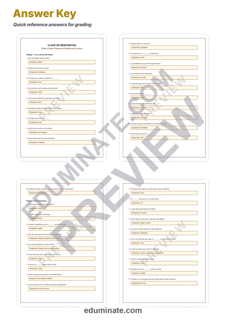 Spanish Fall Reading Comprehension Passages and Worksheets for Grades 1-5 sample page 5