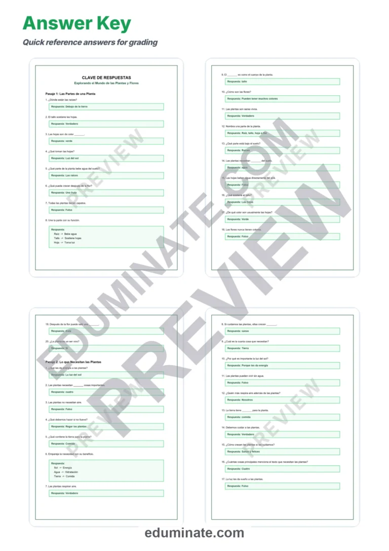 Spanish Plants Reading Passages – Printable Pages with Questions Grades 2-6 sample page 5