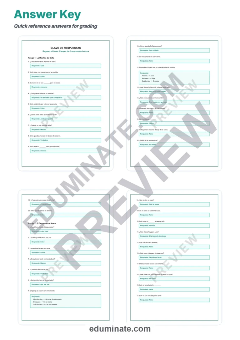 Spanish Back to School Reading Passages – Questions and Answer Key Grades 2-6 sample page 5