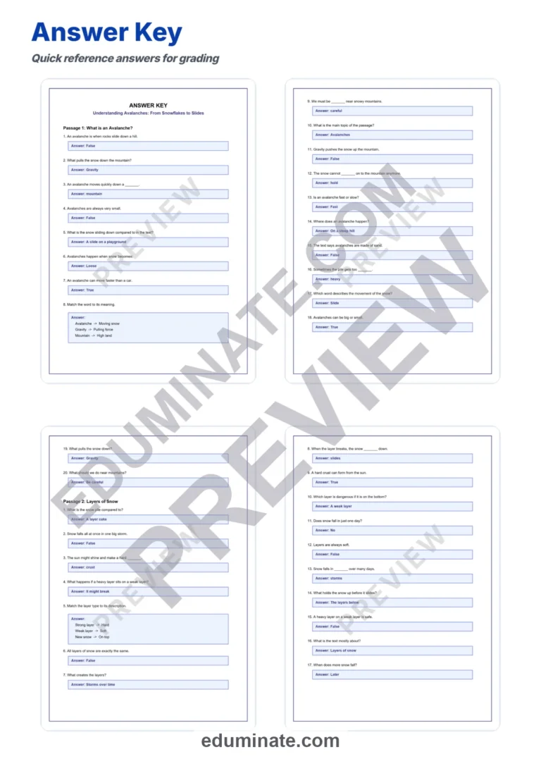 Avalanche Formation Reading Comprehension Passages Worksheets Grades 3-8 Packet sample page 5