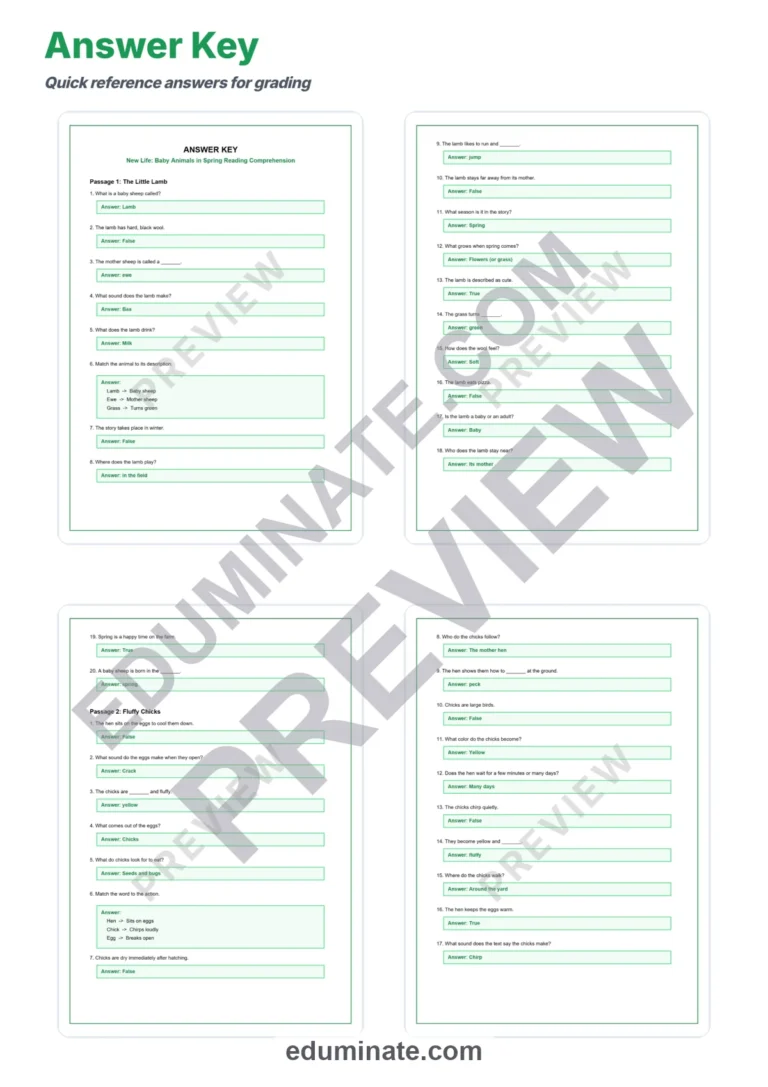 Baby Animals in Spring Reading Comprehension Passages Worksheets Grades 1-5 Unit sample page 5