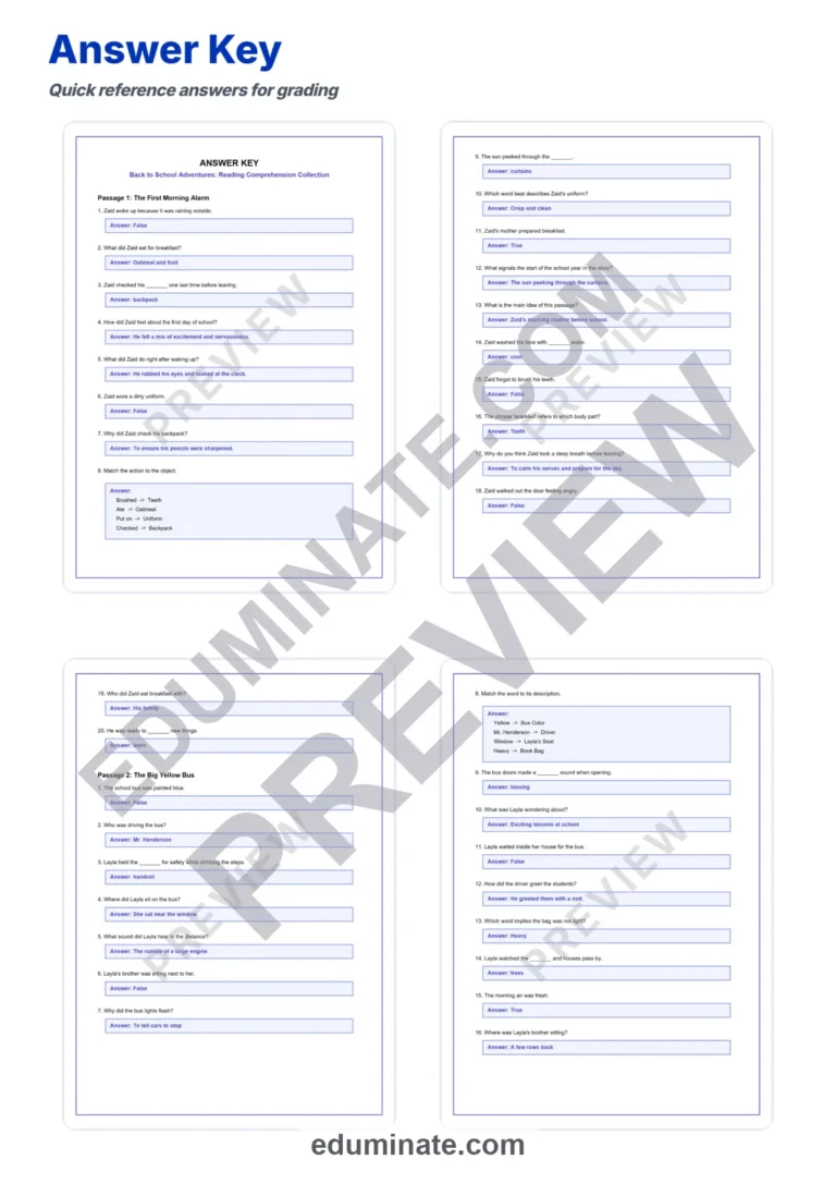 Back to School Reading Comprehension Passages Worksheets Grades K-5 Printables sample page 5