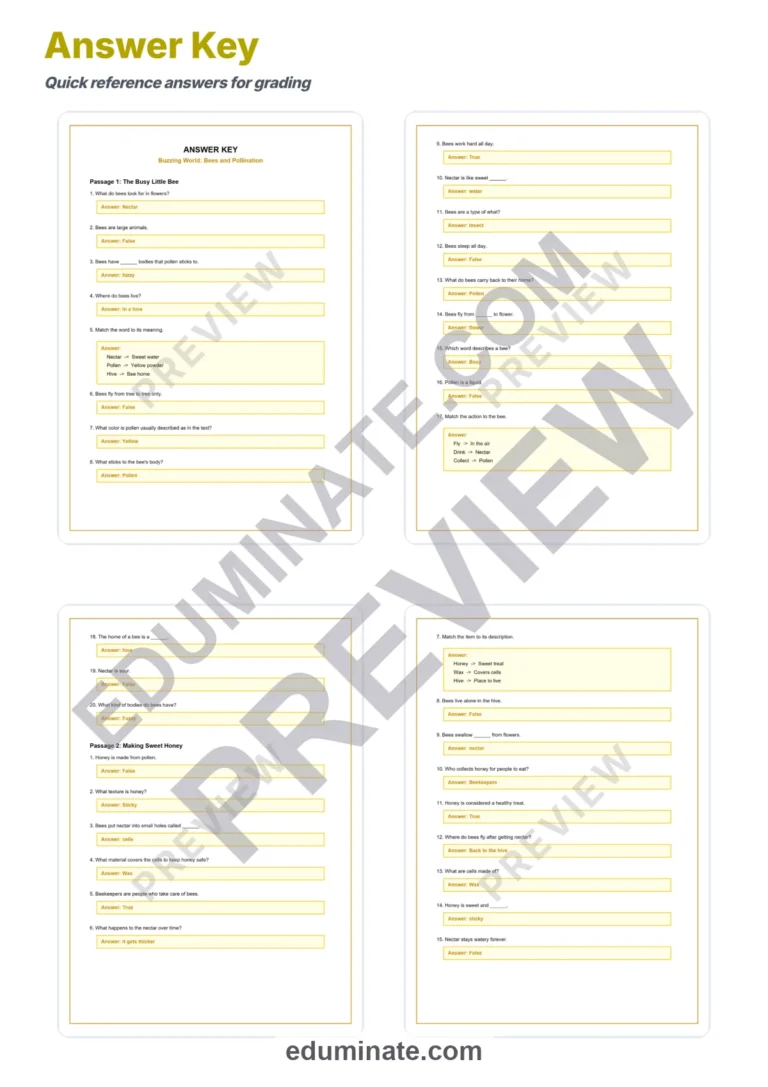 Bees and Pollination Reading Comprehension Passages Worksheets Grades 2-6 Pages sample page 5