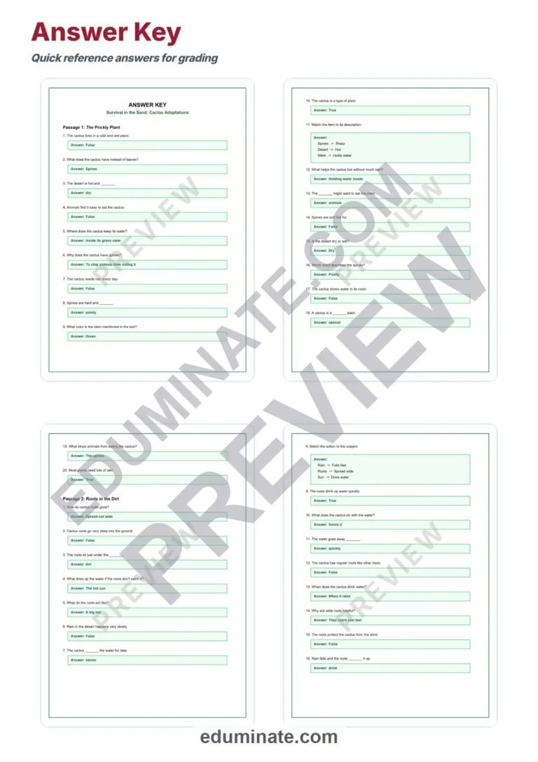 Cactus Adaptations Reading Comprehension Passages Worksheets Grades 2-8 Pages sample page 5