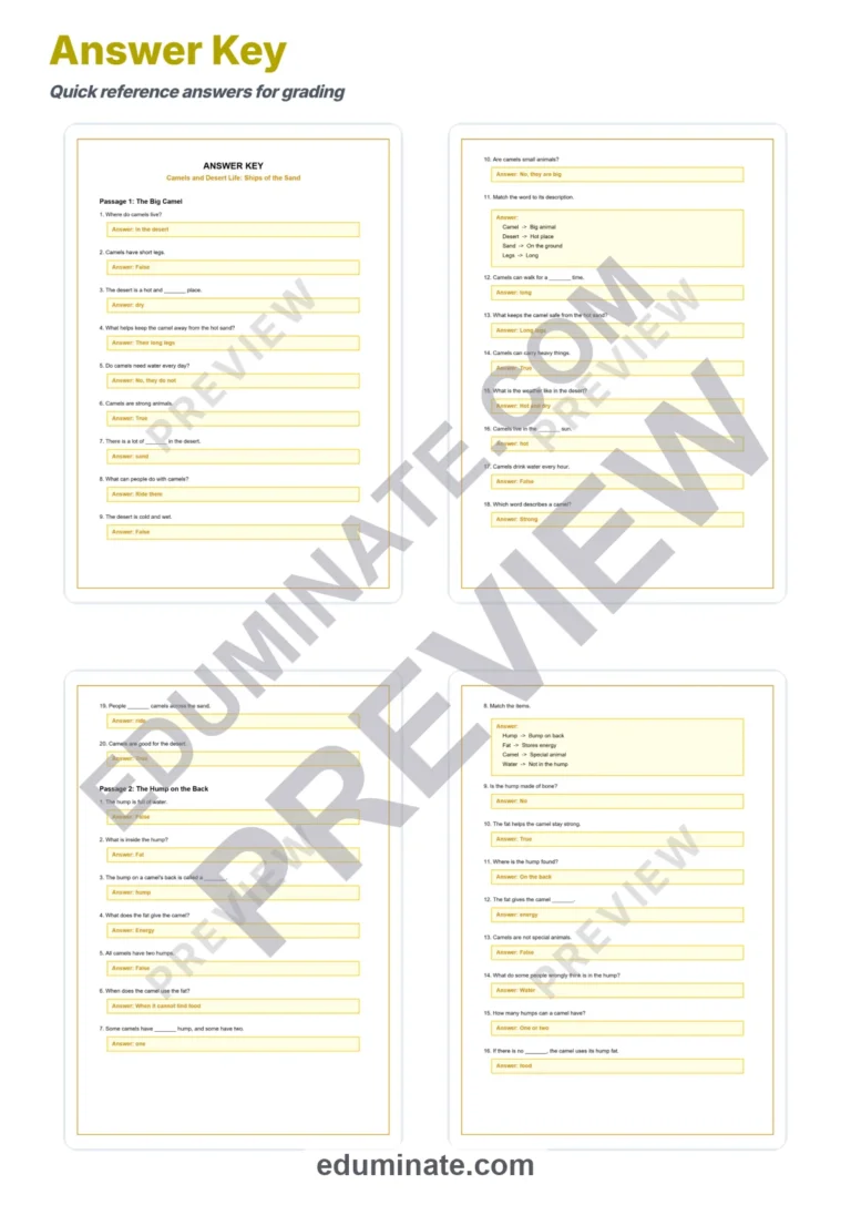 Camels and Desert Life Reading Comprehension Passages Worksheets Grades 2-6 sample page 5