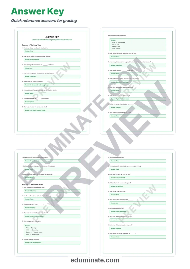 Carnivorous Plants Worksheets: Reading Passages with Answer Keys, Grades 2-6 sample page 5