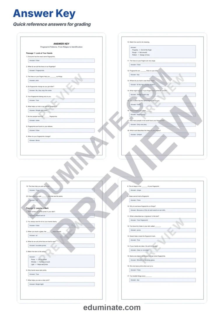 Fingerprint Patterns Reading Comprehension Passages and Questions Grades 3-8 sample page 5