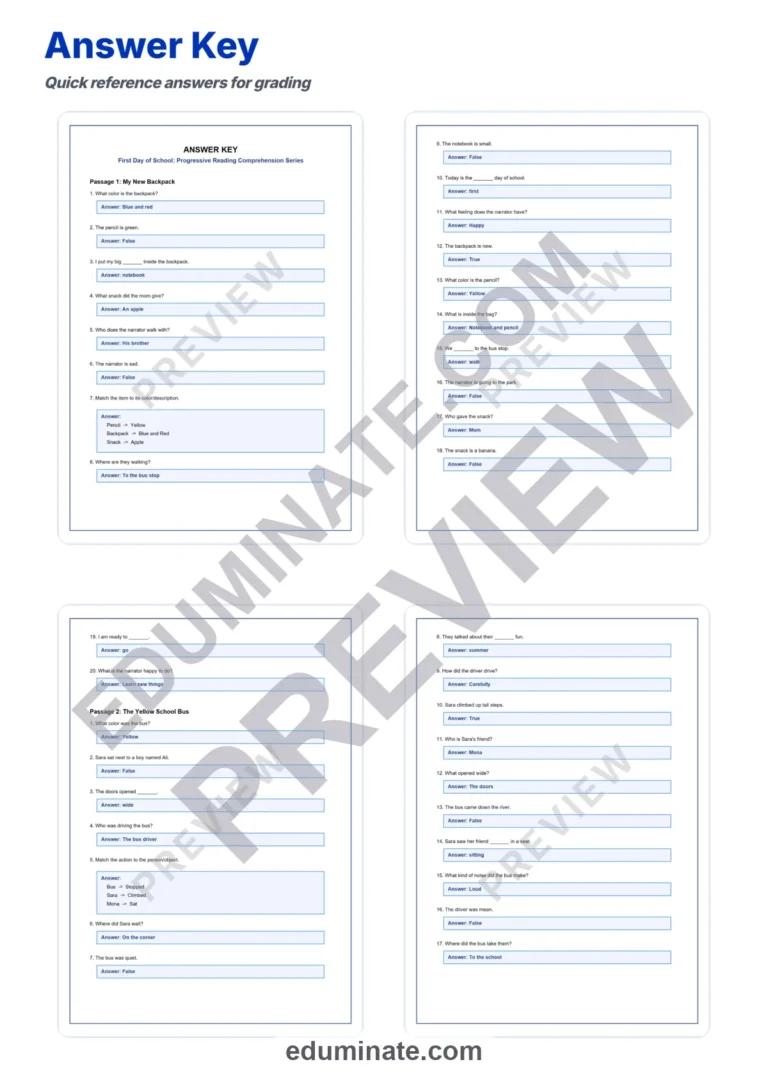 First Day of School Reading Comprehension Passages and Questions Grades 1-10 sample page 5