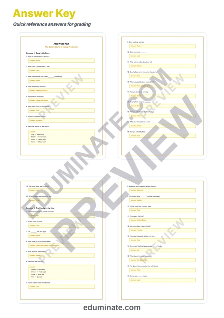 Honey Production Reading Comprehension Passages and Questions for Grades 2-6 sample page 5