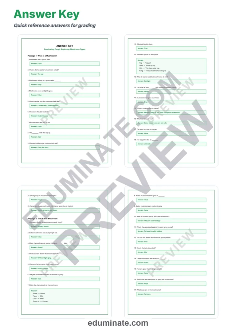 Mushroom Types Reading Comprehension Passages and Questions for Grades 3-7 sample page 5