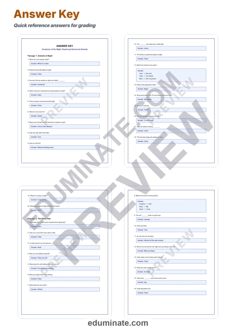 Nocturnal Animals Reading Comprehension Passages and Questions Grades 2-6 sample page 5