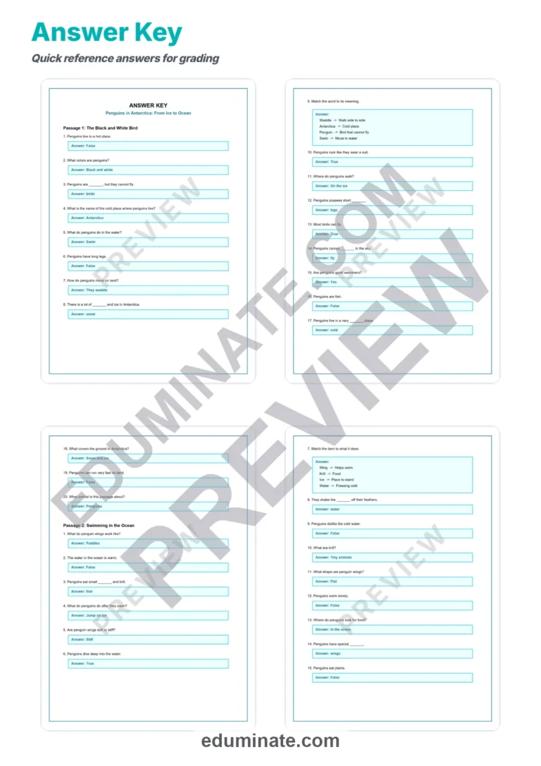 Penguins in Antarctica Reading Comprehension Passages Worksheets 1st 5th Grade sample page 5