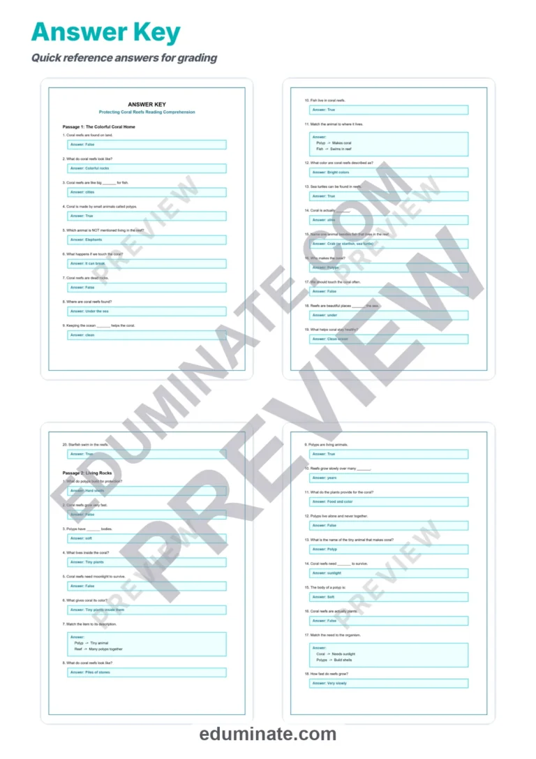 Protecting Coral Reefs Reading Comprehension Passages Science Worksheets 2nd 6th sample page 5