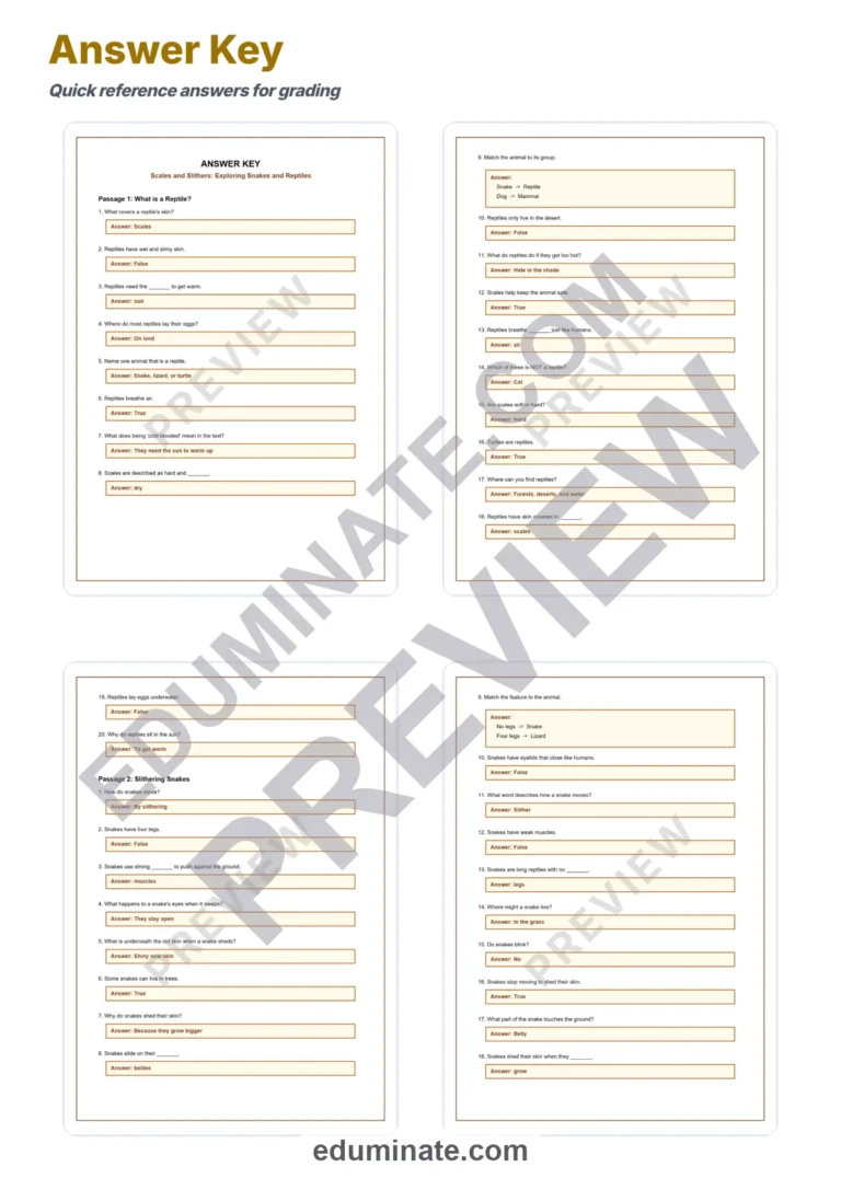 Reptiles Worksheets: Reading Comprehension Passages with Answer Keys, Grades 2-6 sample page 5