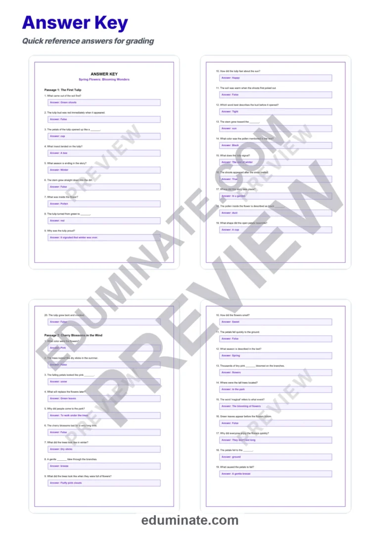 Flowers Worksheets: Reading Comprehension Passages with Answer Keys, Grades 1-5 sample page 5