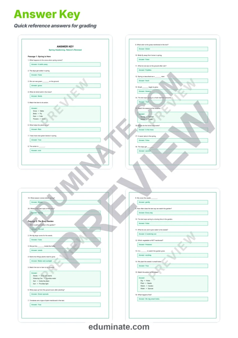Spring Worksheets: Reading Comprehension Passages with Answer Keys, Grades 1-8 sample page 5