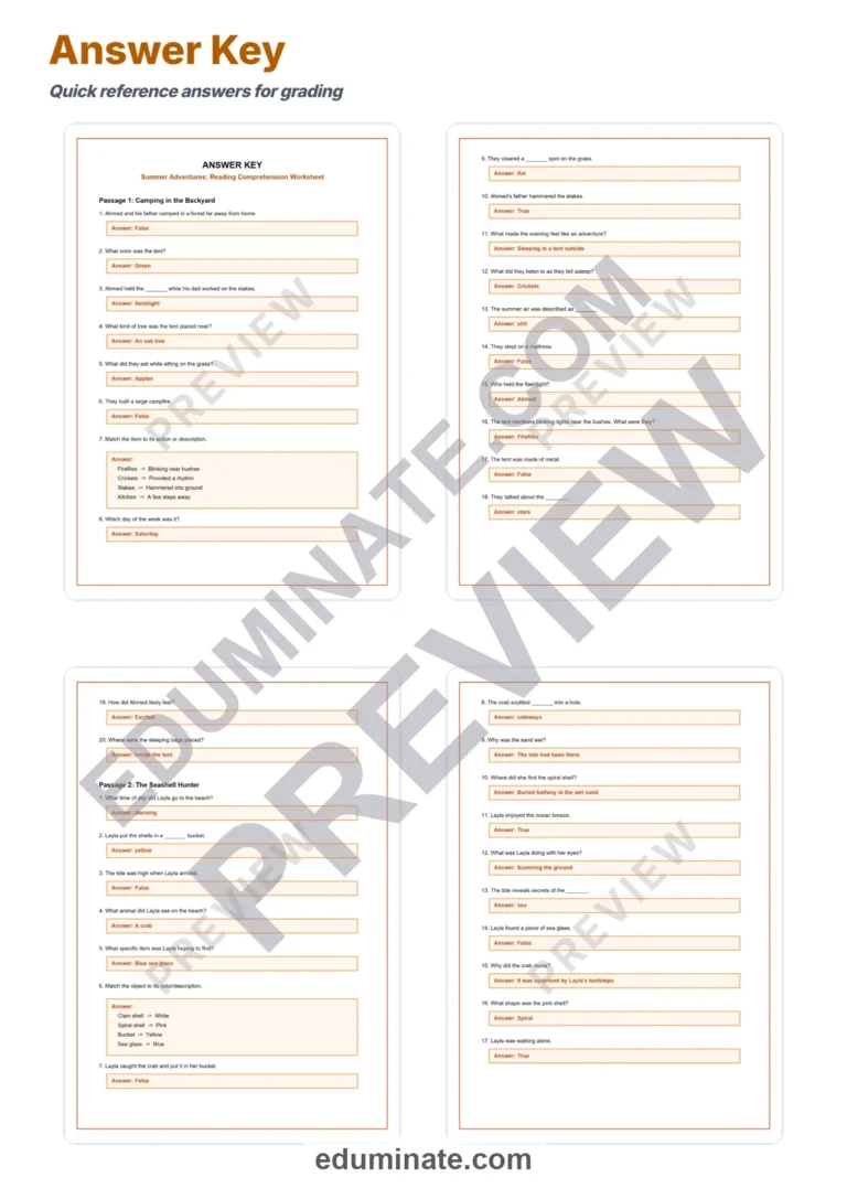 Summer Worksheets: Reading Comprehension Passages with Answer Keys, Grades 4-6 sample page 5