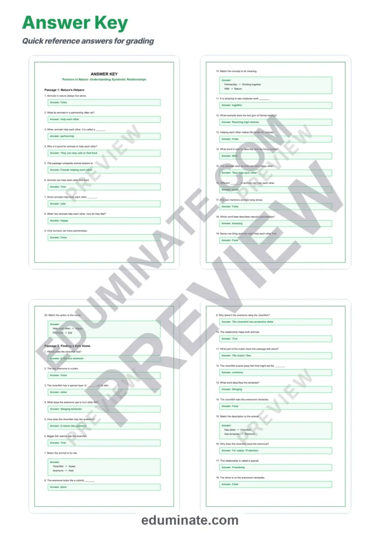 Symbiotic Relationships Reading Comprehension Passages Worksheets Grades 3 to 7 sample page 5