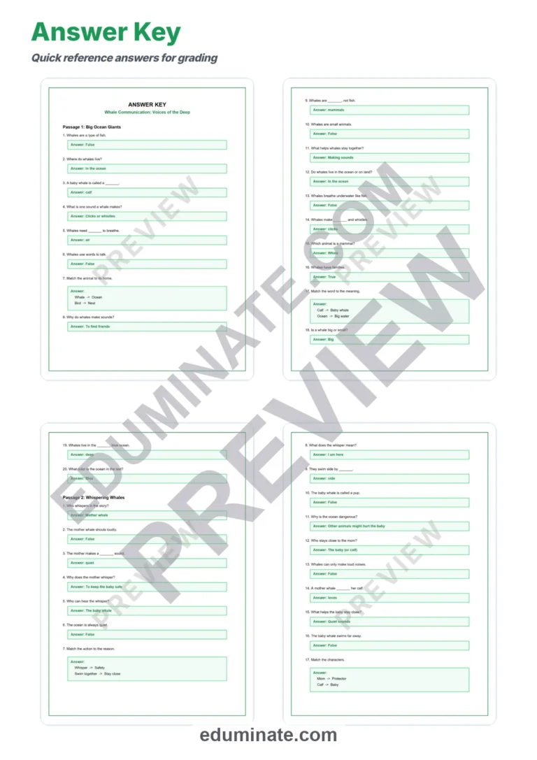 Whale Reading Comprehension Passages and Worksheets with Answer Keys, Grades 2-6 sample page 5