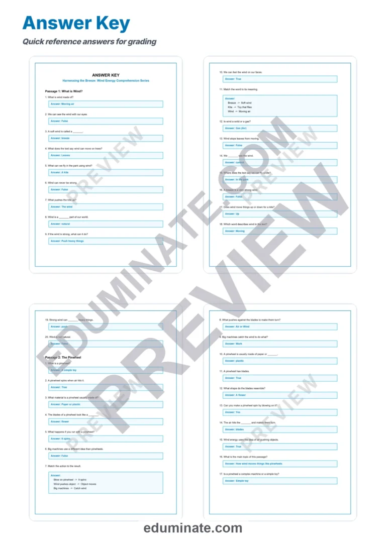 Wind Power Worksheets: Wind Energy Reading Passages with Answer Keys, Grades 2-8 sample page 5