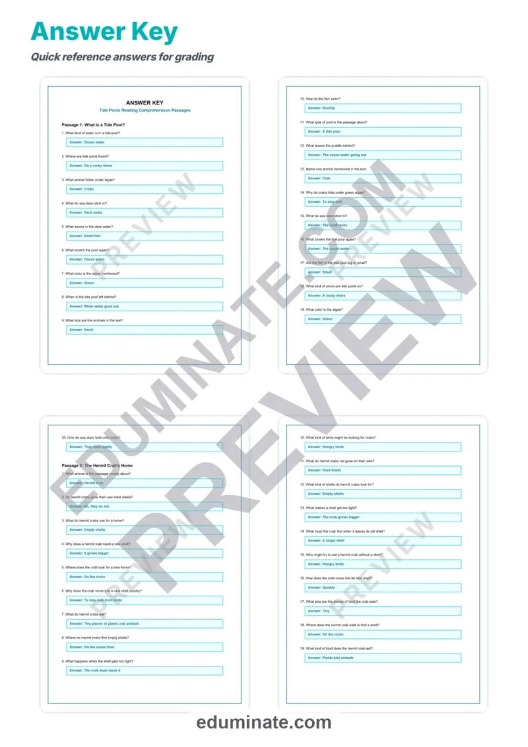 Tide Pools Reading Comprehension Passages Worksheets Science 2nd-8th Grade sample page 5