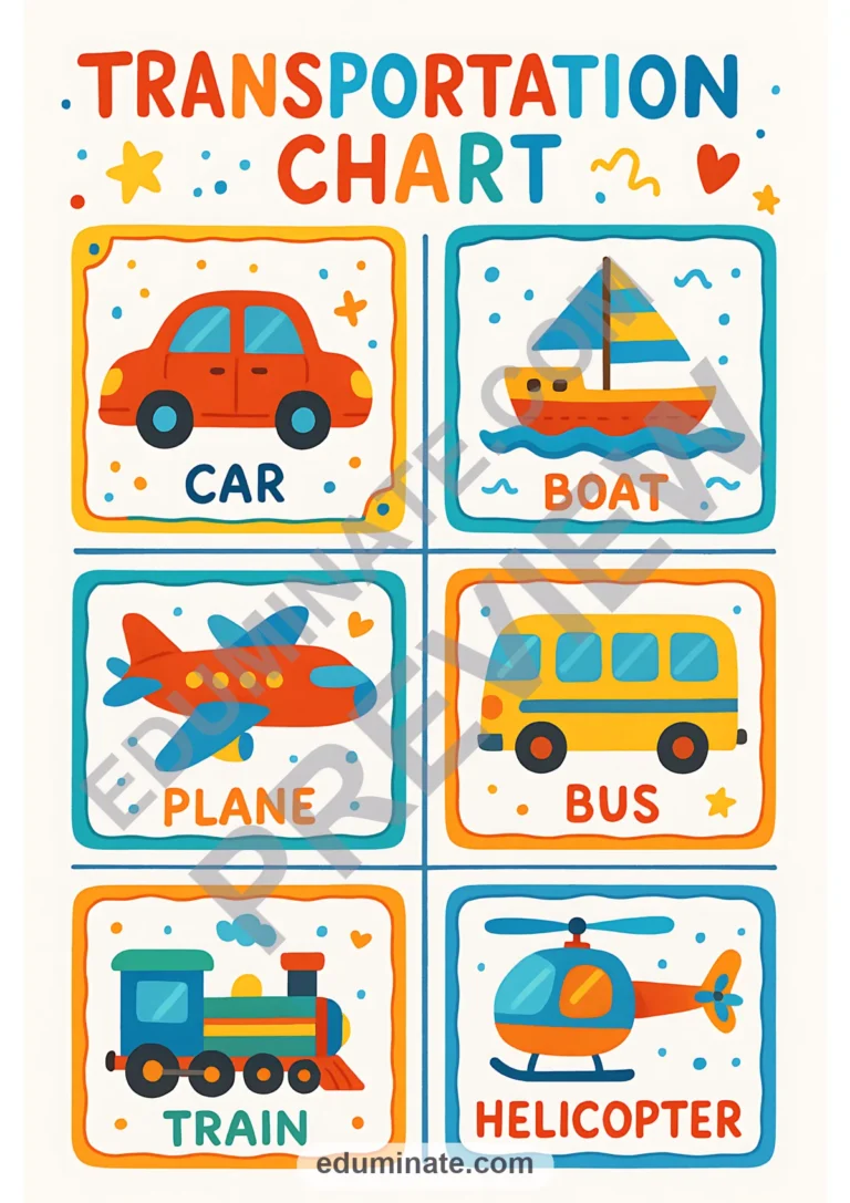 Transportation Chart | Printable Vehicles Chart for Preschool | 52 Chart Pages sample page 5
