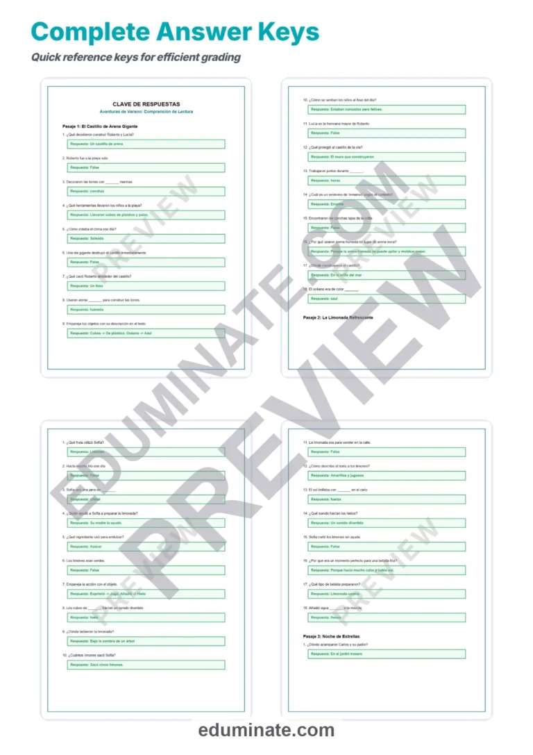Spanish Summer Worksheets – Reading Passages with Questions and Answer Key sample page 5