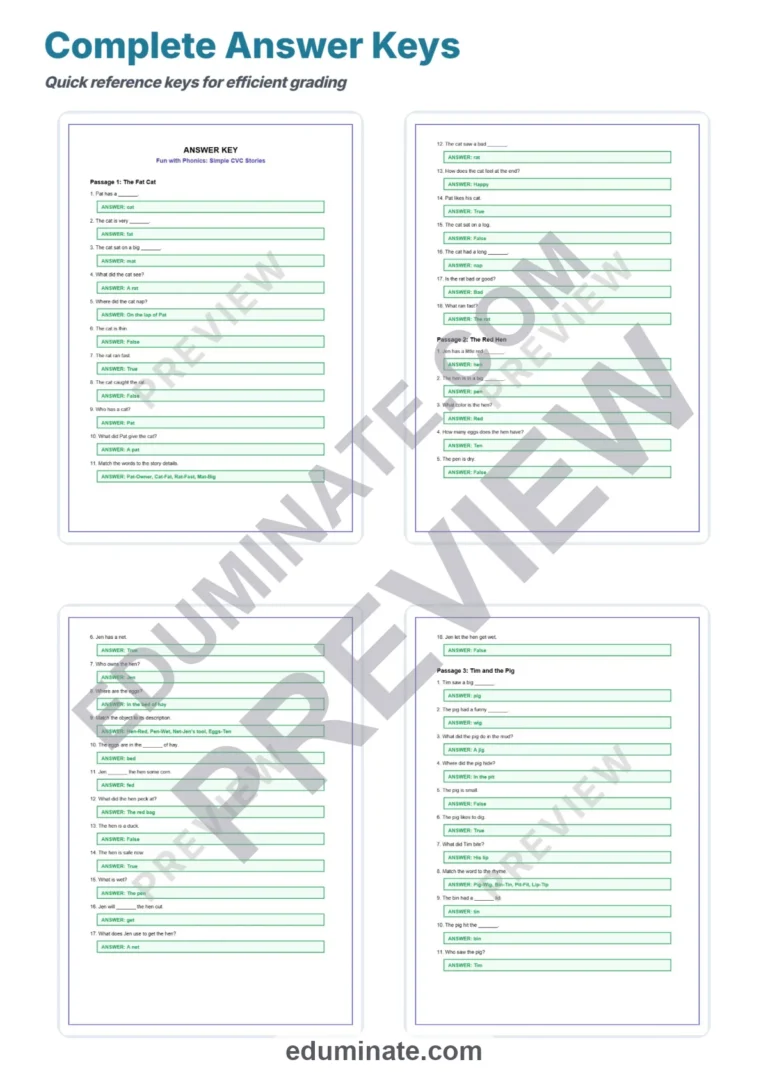 CVC Sentences Kindergarten – Reading Passages, Questions and Answer Key Grade 1 sample page 5