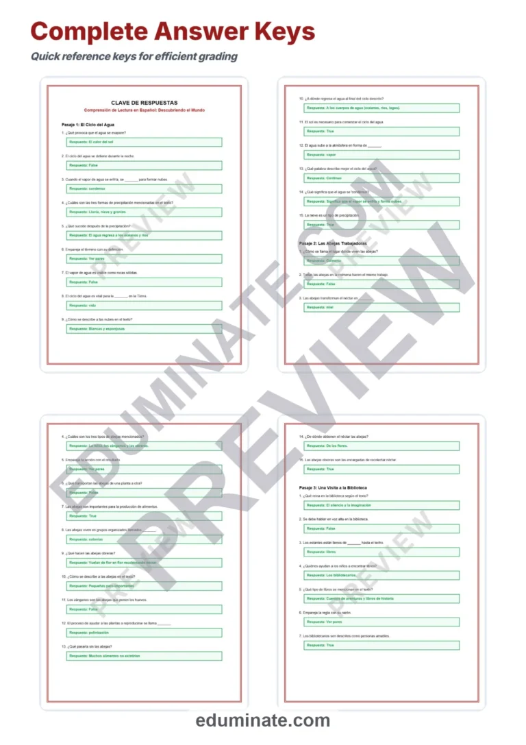 Spanish Reading Passages – Printable Pages, Questions and Answer Key Grades 2-5 sample page 5