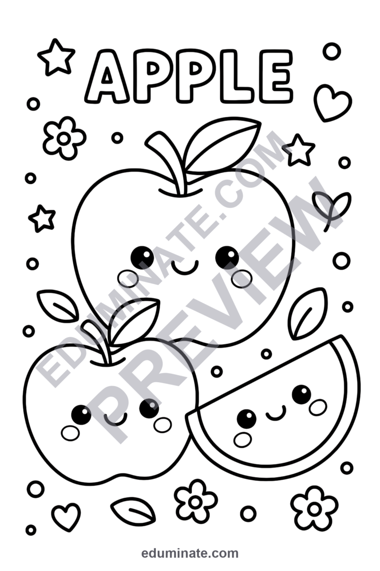 Cute Apple Coloring Pages | Kawaii Fruit Sheets | Smiling Apple Characters sample page 5