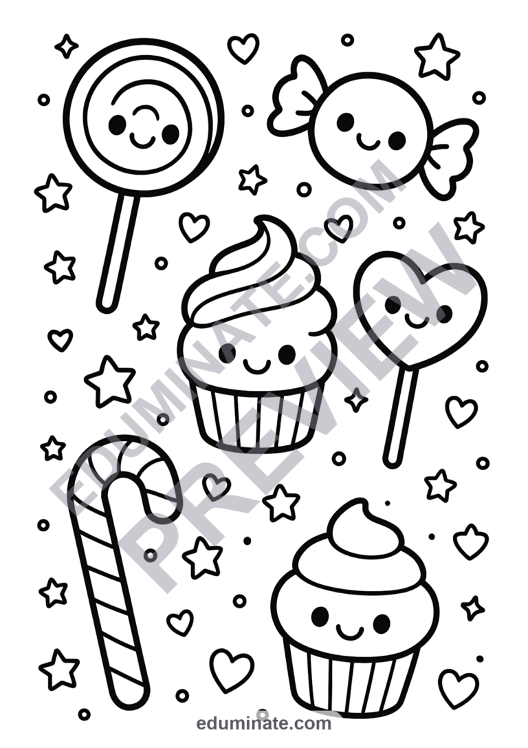 70 Cute Candy Coloring Pages Kawaii Sweets and Treats Activity Sheets for Kids sample page 5