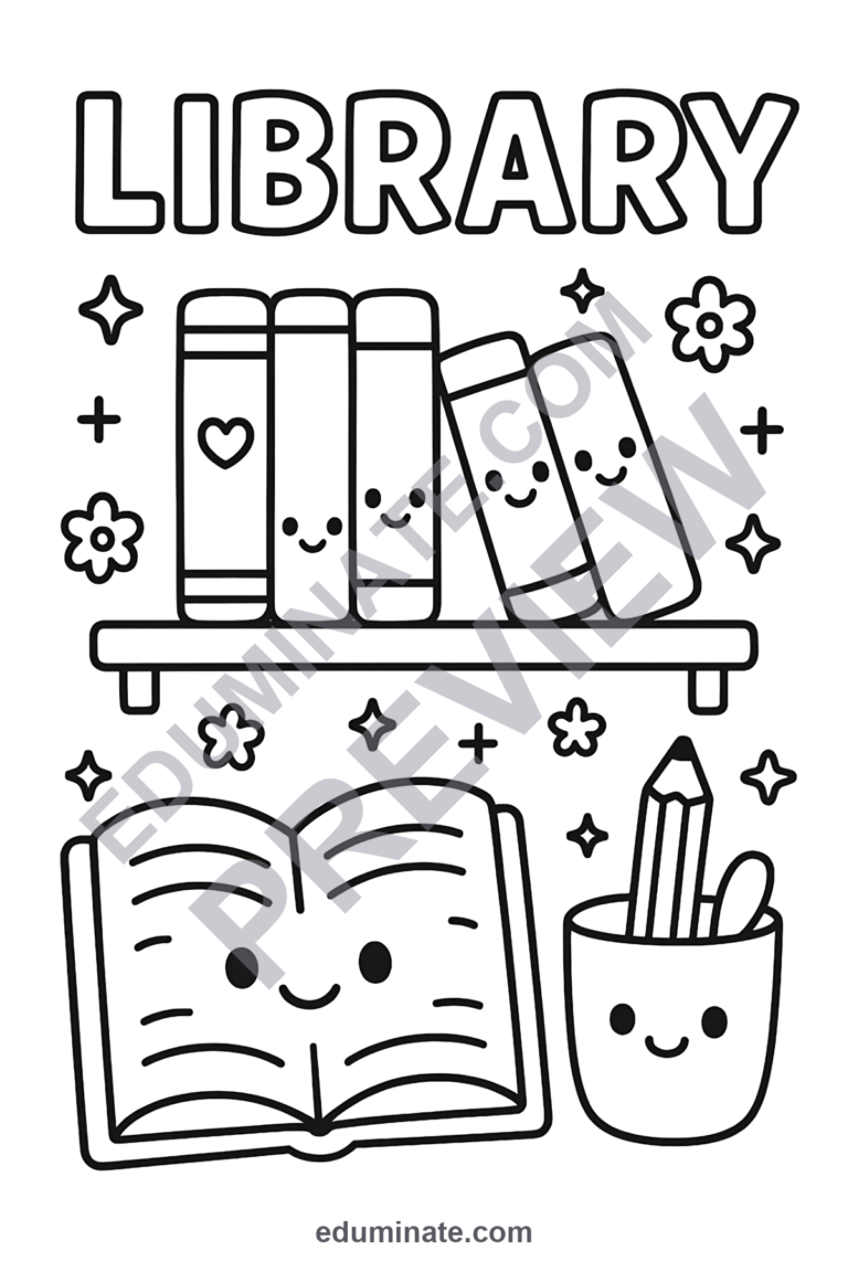 Library Coloring Pages Reading and Books Art Activity Sheets Pack for Kids sample page 5