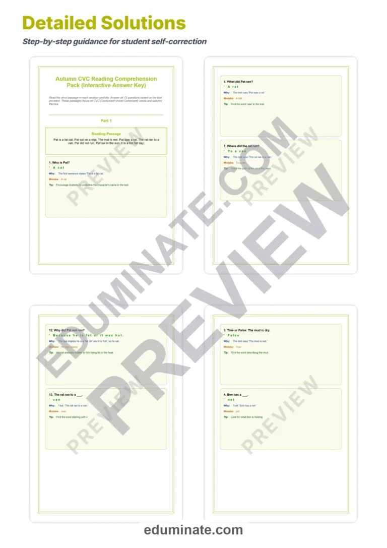 Fall CVC Worksheets – Autumn CVC Reading Passages, Questions and Answer Key sample page 5