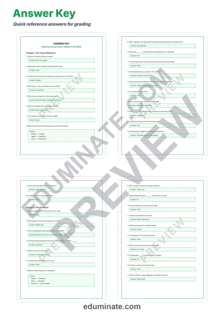 Animal Habitats Reading Comprehension Worksheet – Exploring Biomes 10 Passages sample page 5