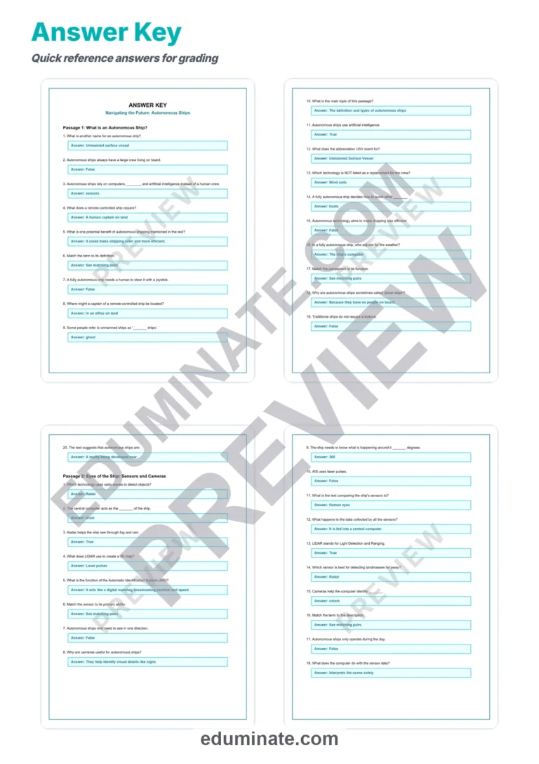 Autonomous Ships Reading Comprehension – Maritime Technology 10 Worksheets sample page 5