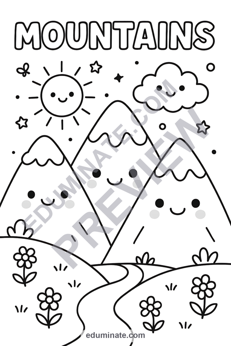 Easy Mountain Coloring Pages Simple Scenery Activity Sheets Pack for Kids sample page 5
