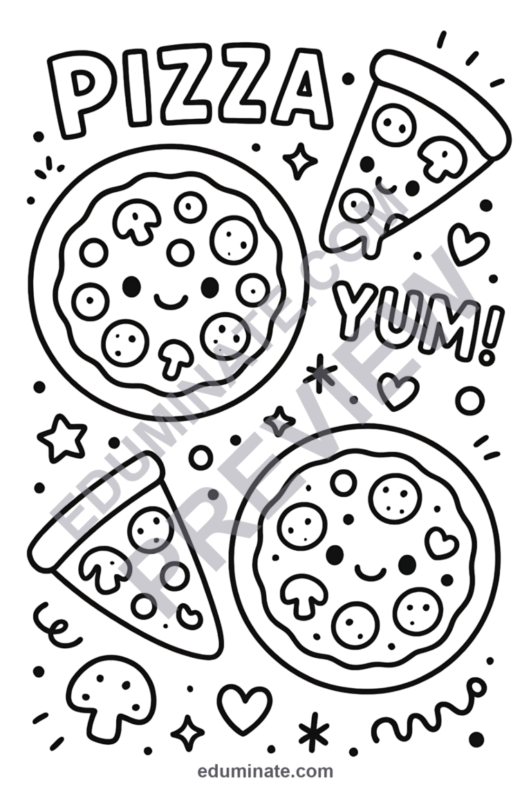 Pizza Coloring Pages Italian Food and Fun Party Activity Sheets Pack Kids sample page 5