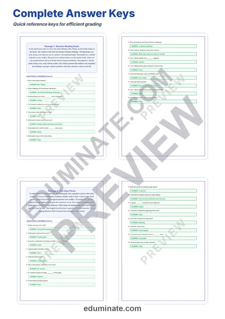 End of Year Worksheets – Reading Passages with Questions and Answer Key (PDF) sample page 5