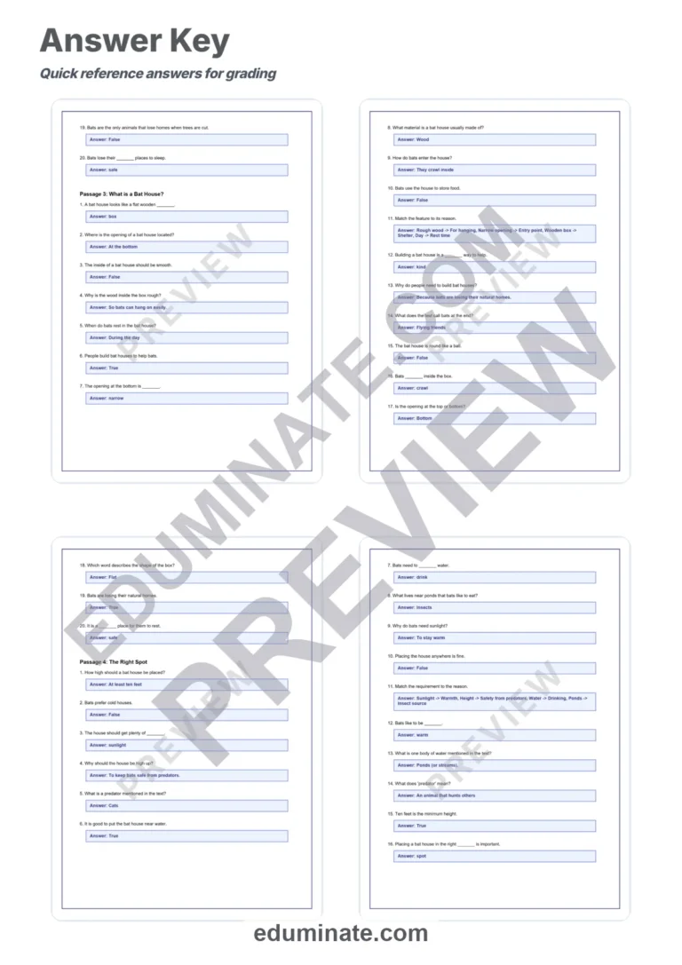 Bats Reading Comprehension – Bat Houses and Conservation Reading Passages sample page 6