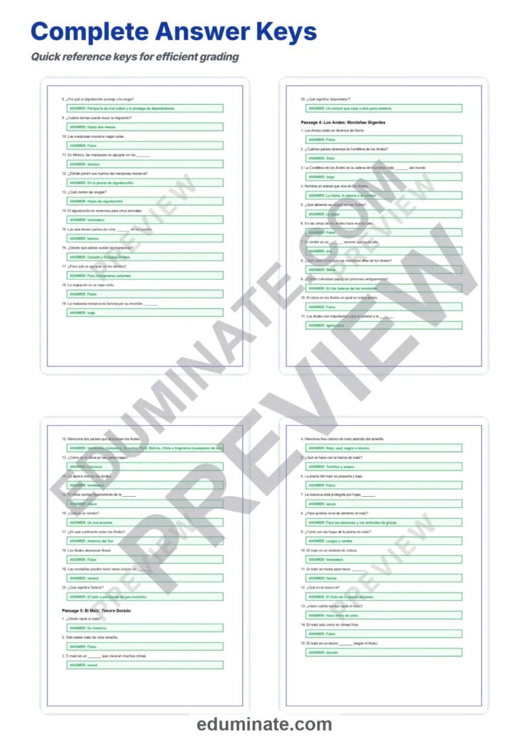 Spanish Reading Comprehension Passages 4th Grade Worksheets and Activities sample page 6