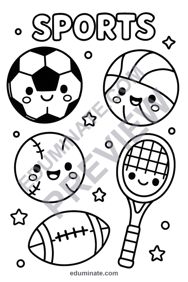 Children’s Sports Coloring Pages 28 Smiling Athletic Ball Art Activity Sheets sample page 6