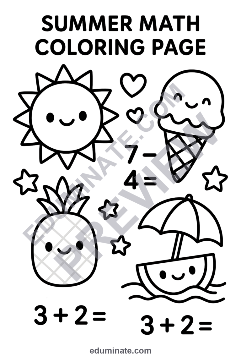 Summer Math Coloring Pages Addition and Subtraction Activity Pack for Kids sample page 6