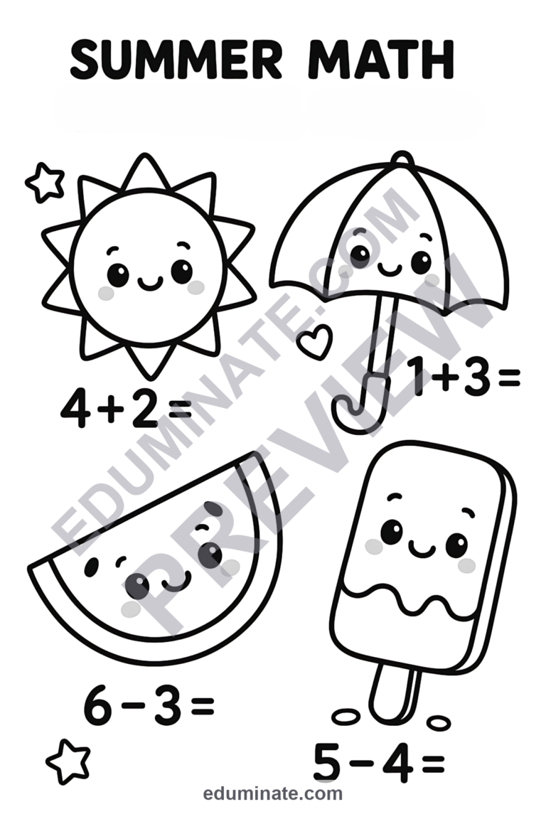 End of Year Math Coloring Pages Summer Countdown Activity Sheets for Kids sample page 6